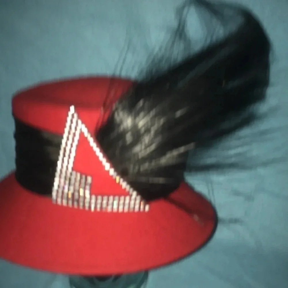 THE HAT GENERATION Red, Wide Black Band, Beautiful Feathers, Rhinestone Details